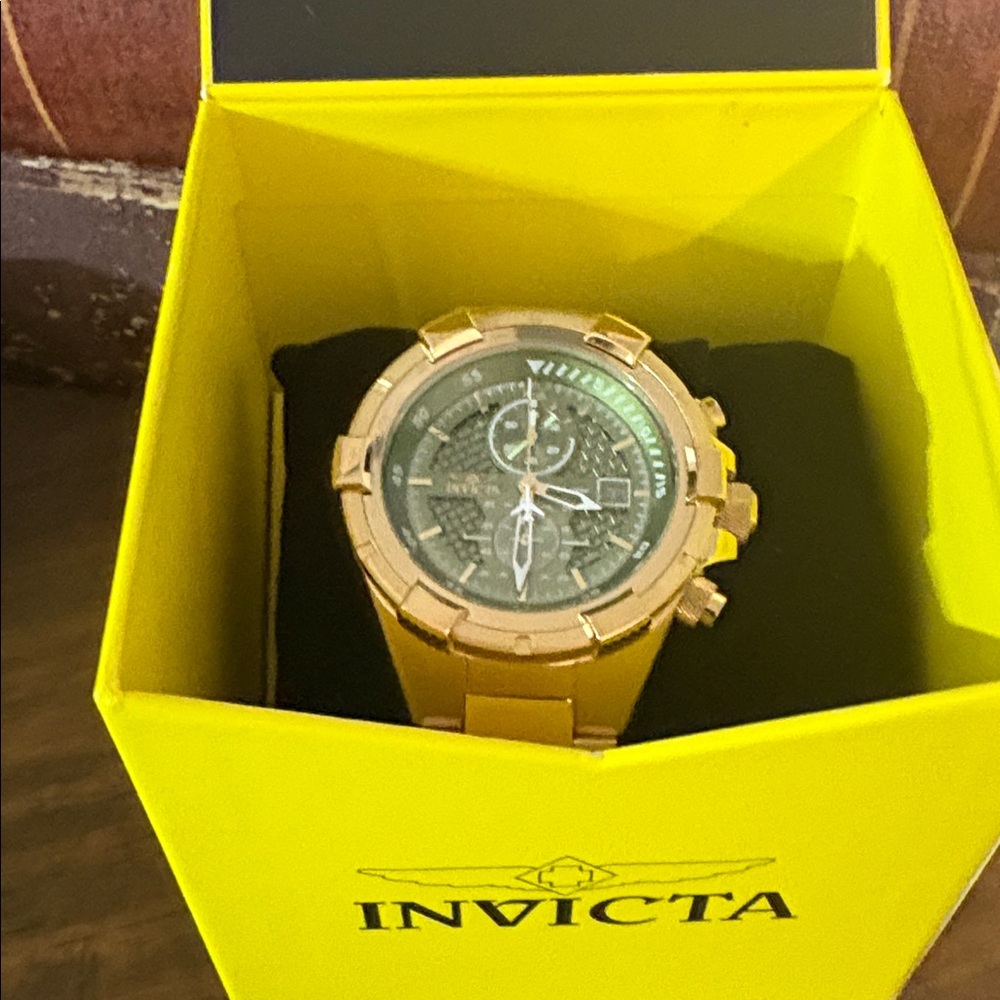 Invicta Gold Aviator Watch with Textured Green Dial